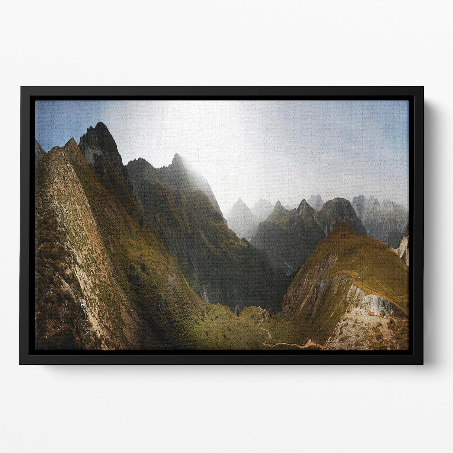Nationalpark Schweiz Floating Framed Canvas featuring vibrant abstract art in an elegant wooden frame.