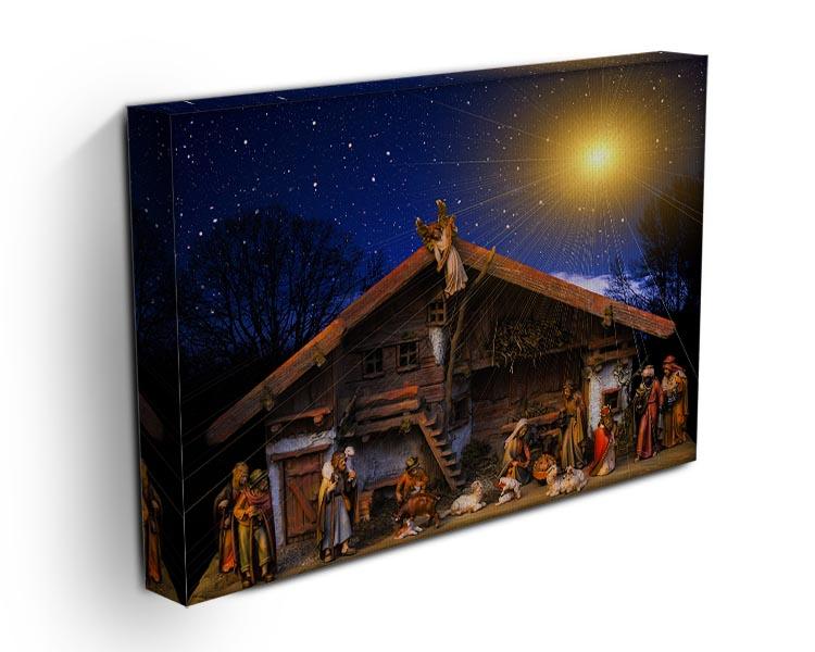 A beautifully designed Nativity Scene canvas print showcasing the birth of Jesus, featuring vibrant colors and intricate details.