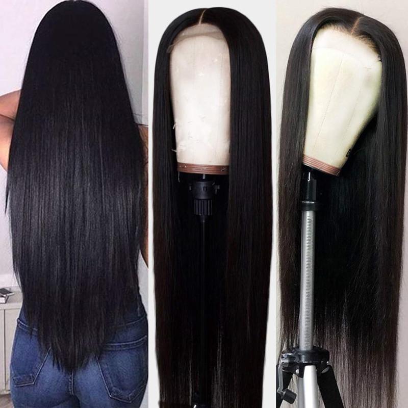 Natural Long Silky Straight Black Color Brazilian Full Lace Front Wig with baby hair and bleached knots, showcasing its sleek and realistic appearance.