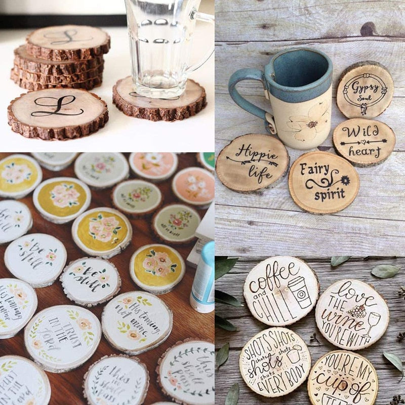 Natural Pine Round Wood Circles with Tree Bark, showcasing rustic charm and unique textures, perfect for coasters or crafts.