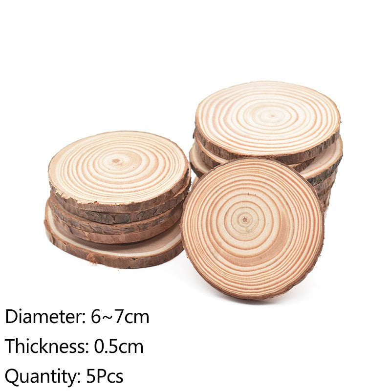 Natural Pine Round Wood Circles with Tree Bark, showcasing rustic charm and unique textures, perfect for coasters or crafts.
