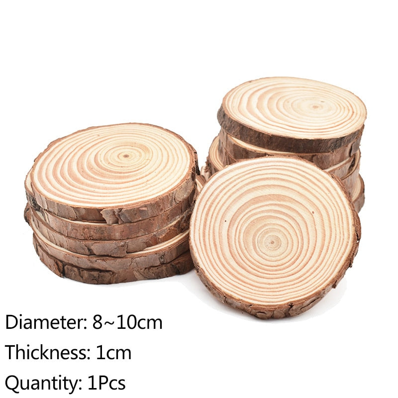 Natural Pine Round Wood Circles with Tree Bark, showcasing rustic charm and unique textures, perfect for coasters or crafts.