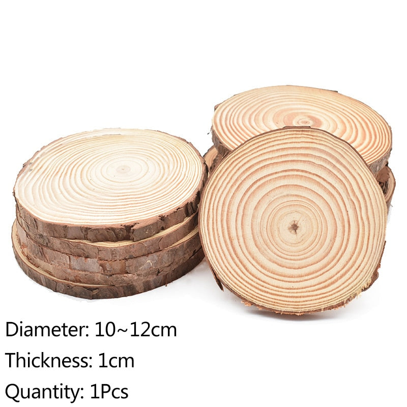 Natural Pine Round Wood Circles with Tree Bark, showcasing rustic charm and unique textures, perfect for coasters or crafts.
