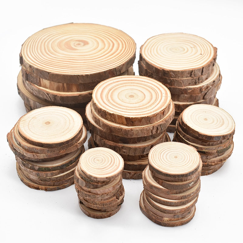 Natural Pine Round Wood Circles with Tree Bark, showcasing rustic charm and unique textures, perfect for coasters or crafts.