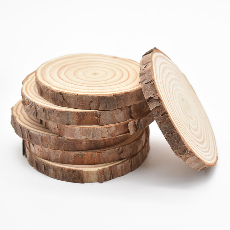 Natural Pine Round Wood Circles with Tree Bark, showcasing rustic charm and unique textures, perfect for coasters or crafts.