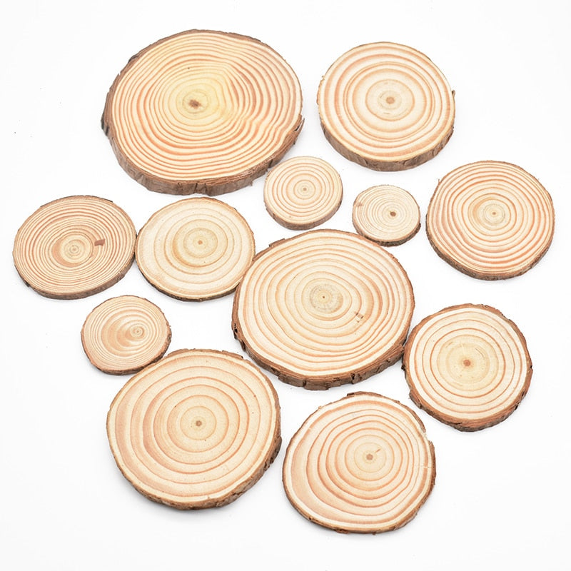 Natural Pine Round Wood Circles with Tree Bark, showcasing rustic charm and unique textures, perfect for coasters or crafts.