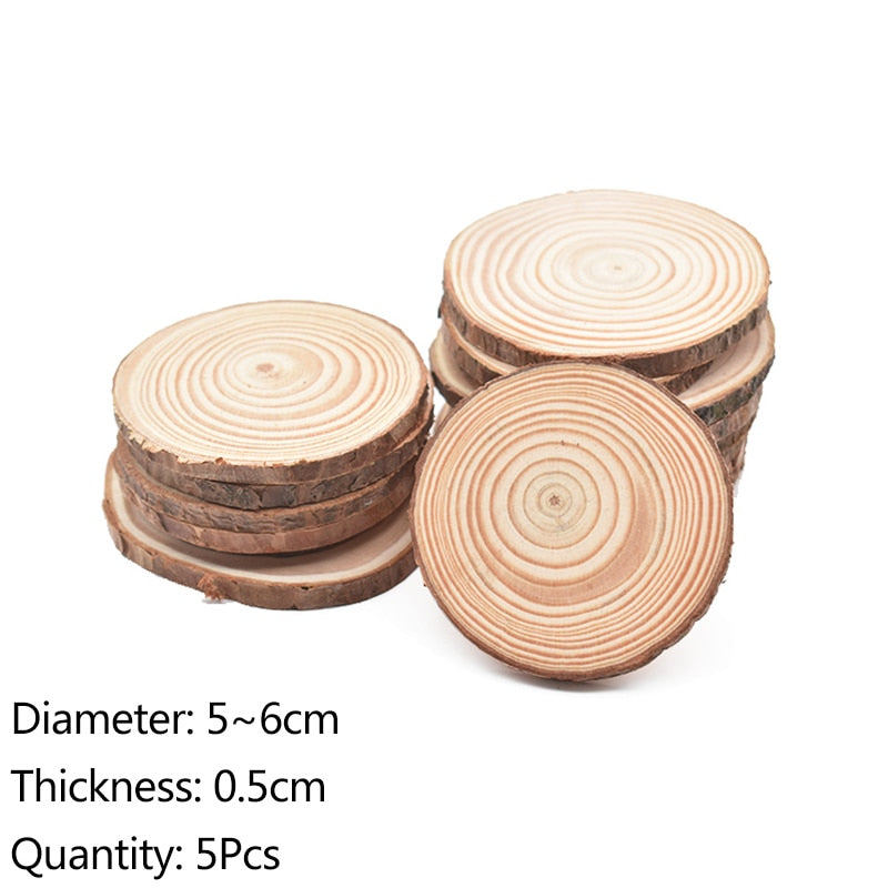 Natural Pine Round Wood Circles with Tree Bark, showcasing rustic charm and unique textures, perfect for coasters or crafts.
