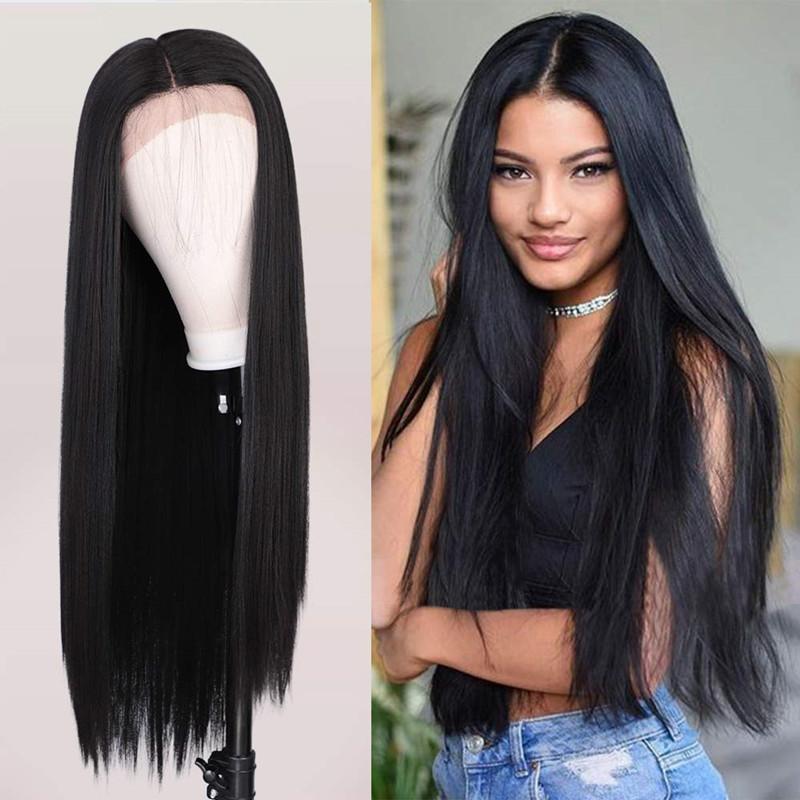 Natural Silky Straight Synthetic Lace Front Wig in 24 inches, featuring a realistic look with baby hair and adjustable straps.