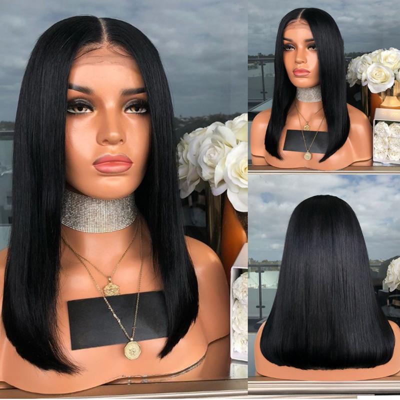 Natural Soft Short Straight Bob Black Color #1 Synthetic Lace Front wig with baby hair and adjustable strap, showcasing a stylish bob cut.