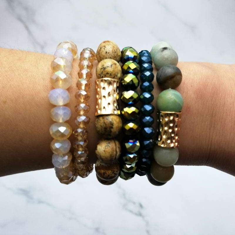 Natural Stone Mala Beads stacked stretch bracelet in various colors, showcasing natural stones and charm design.