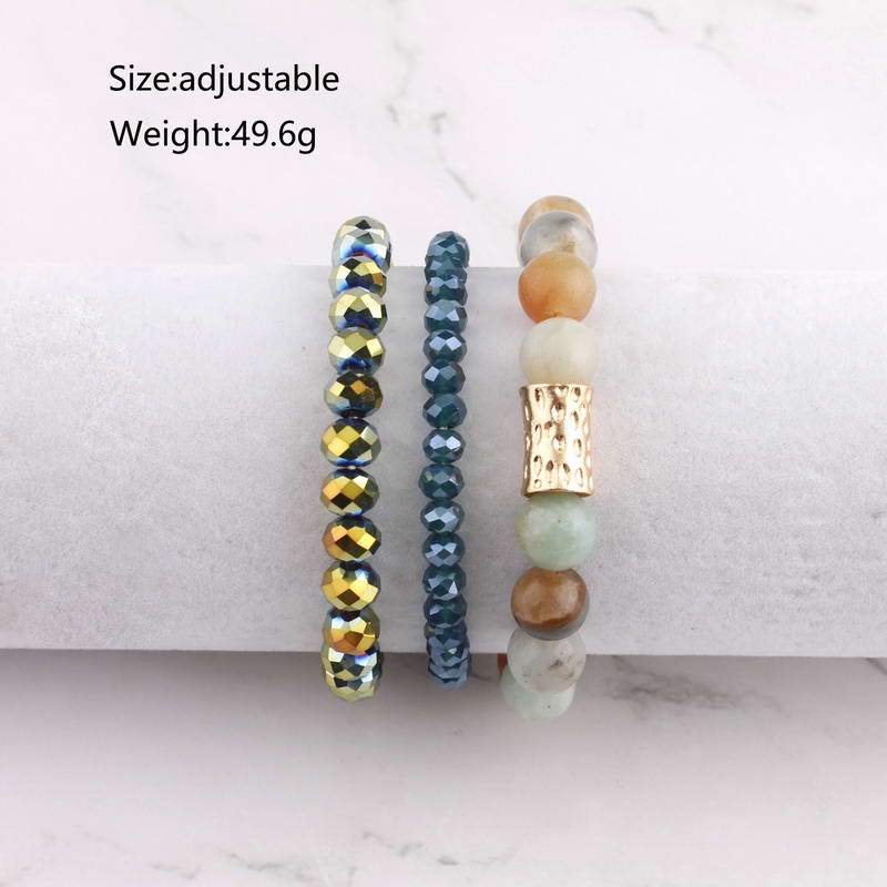 Natural Stone Mala Beads stacked stretch bracelet in various colors, showcasing natural stones and charm design.