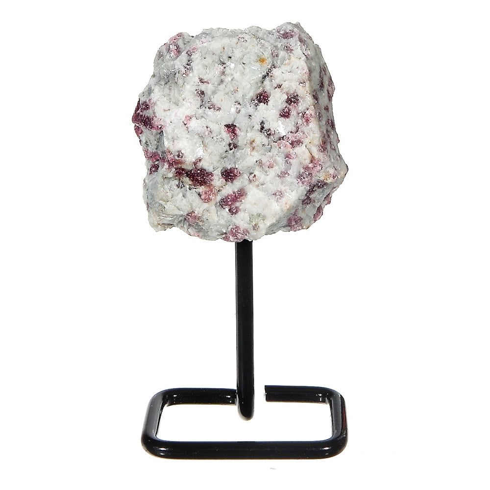 Natural stones display on a sleek metal base featuring Black Tourmaline, Pink Tourmaline, Blue Kyanite, and Amethyst Druzy, showcasing unique textures and colors.