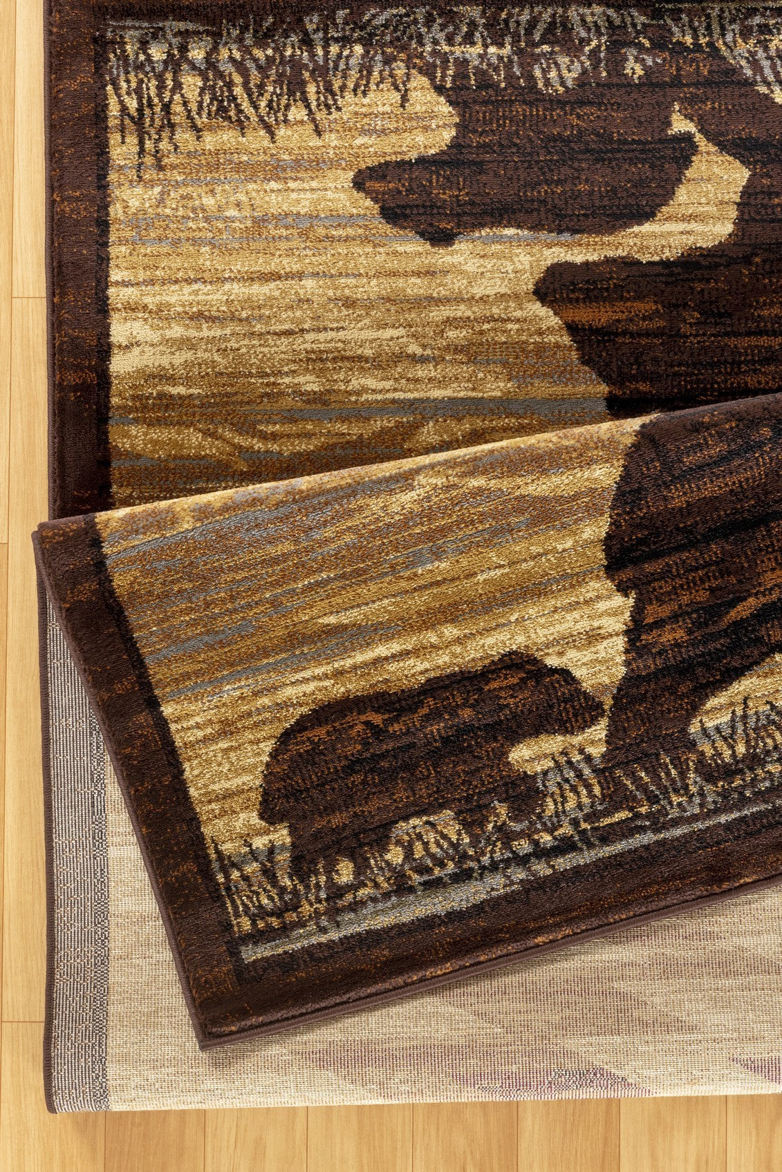 Nature's Nest Multi Lodge Area Rug featuring wildlife motif with mountains and animals, in beige color, made of durable polypropylene.