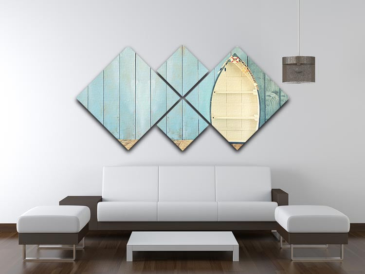 A 4-square multi-panel canvas artwork featuring a nautical boat shape design, perfect for coastal decor.