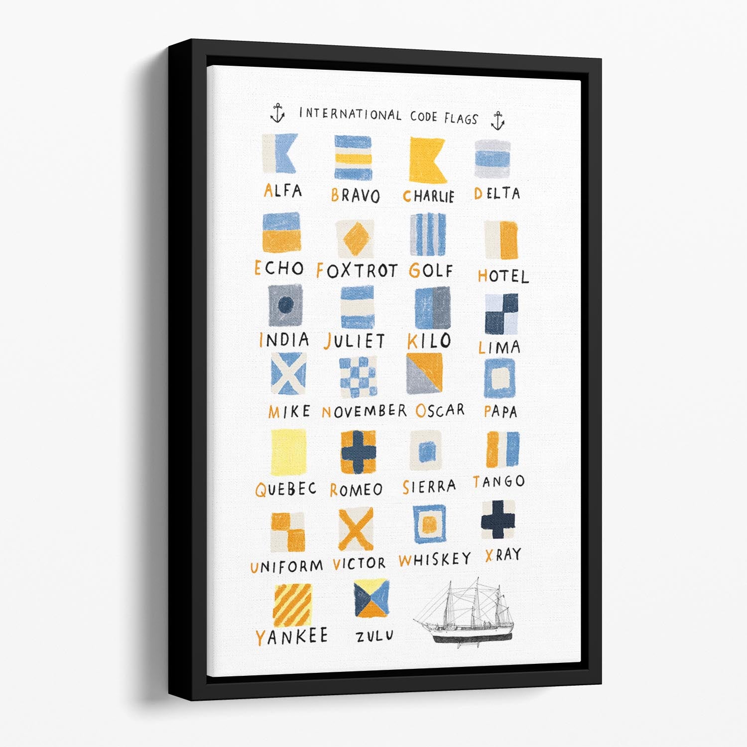 Colorful Nautical Flags Floating Framed Canvas art piece showcasing vibrant maritime symbols.