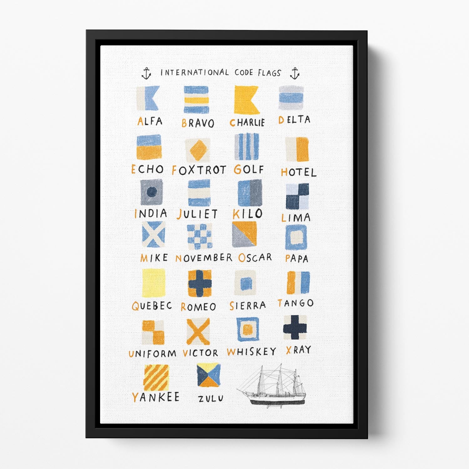 Colorful Nautical Flags Floating Framed Canvas art piece showcasing vibrant maritime symbols.