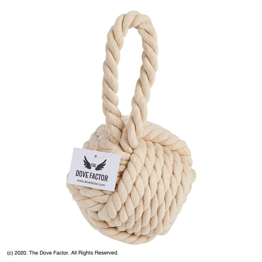 Nautical Rope Knot Fabric Door Stop in off white, tan, cream, and egg shell colors, featuring a soft cotton texture and integrated handle.