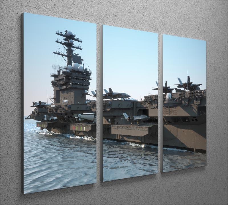 A stunning 3-panel canvas print featuring an angled view of a Navy aircraft carrier, showcasing intricate details and vibrant colors.