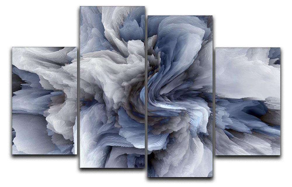 Navy and white abstract watercolour artwork displayed as a 4 split panel canvas, showcasing fluid brush strokes and a modern design.