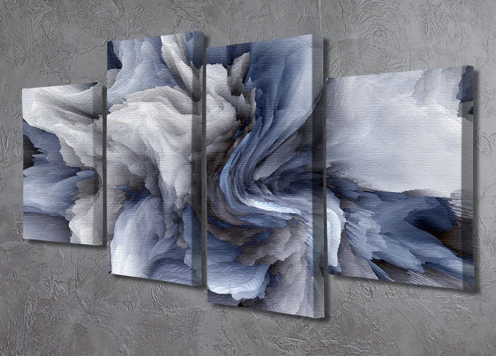 Navy and white abstract watercolour artwork displayed as a 4 split panel canvas, showcasing fluid brush strokes and a modern design.