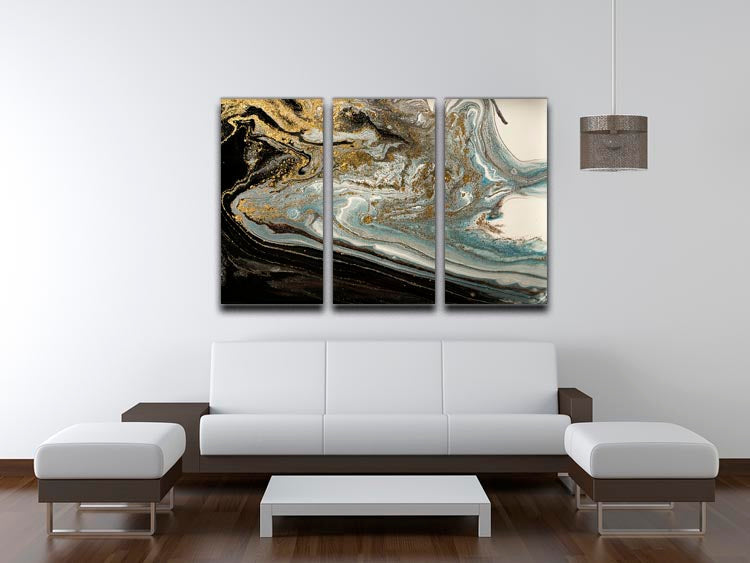 Navy Gold and White Marble Swirl 3 Split Panel Canvas Print showcasing elegant marble design across three panels.