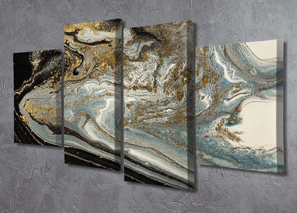 Navy Gold and White Marble Swirl 4 Split Panel Canvas artwork displayed in a modern setting, showcasing its elegant design and vibrant colors.