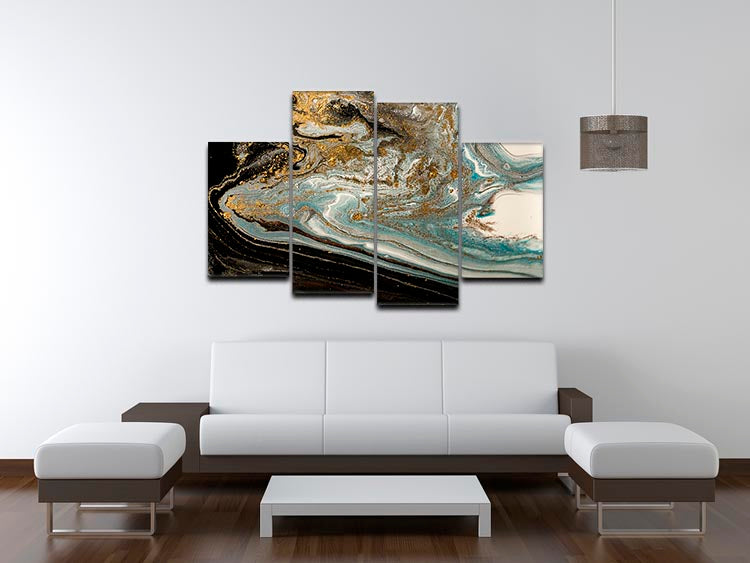 Navy Gold and White Marble Swirl 4 Split Panel Canvas artwork displayed in a modern setting, showcasing its elegant design and vibrant colors.