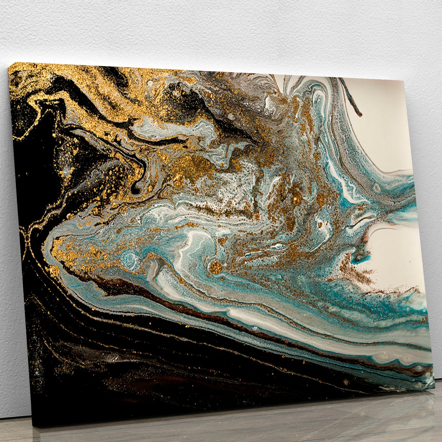 Navy gold and white marble swirl canvas print showcasing elegant abstract design, perfect for modern decor.