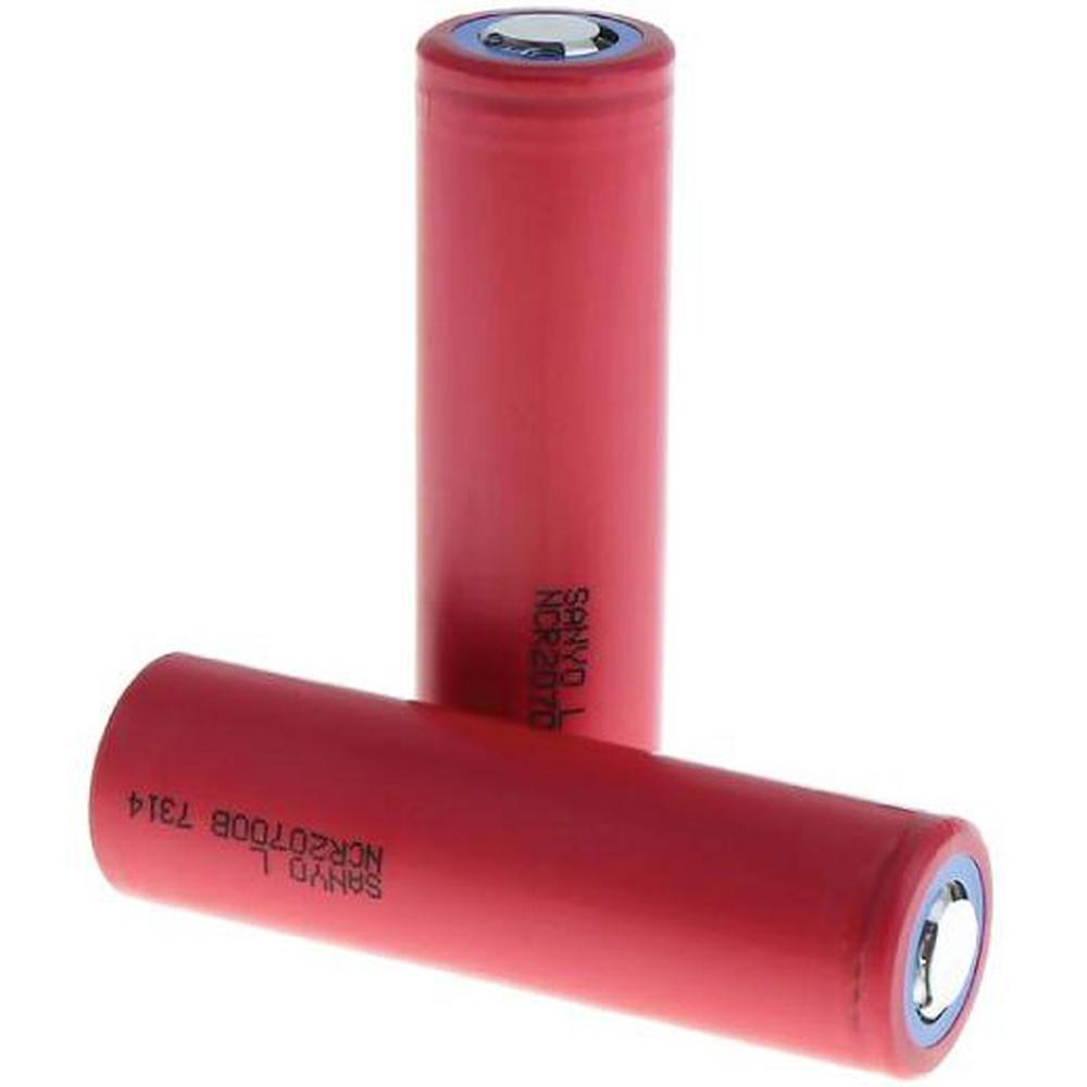 Sanyo NCR 20700 B rechargeable lithium-ion battery with specifications and features highlighted.