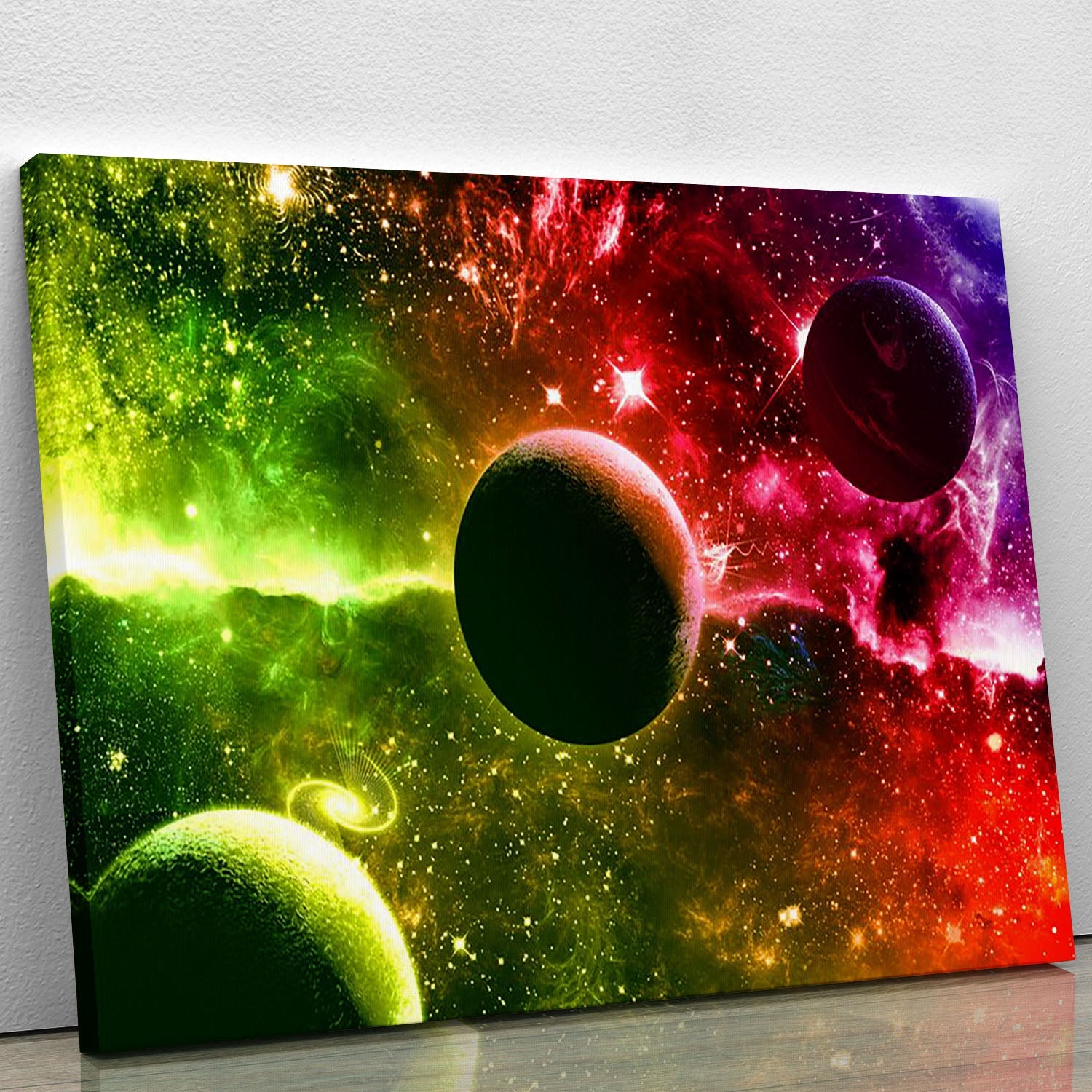 A vibrant canvas print featuring nebula stars and planets, showcasing intricate details and rich colors, perfect for home or office decor.