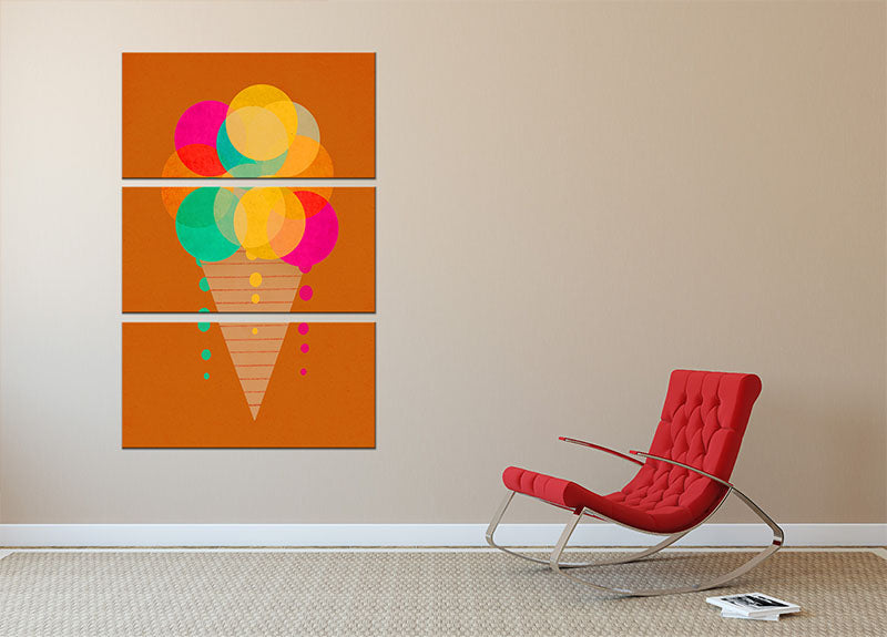 A vibrant Neon Ice Cream 3 Split Panel Canvas Print featuring colorful ice cream cones on a stylish background, perfect for modern decor.