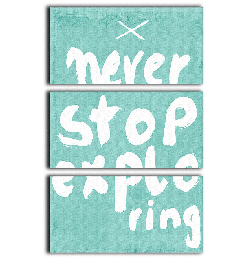 A beautiful 3-panel canvas print featuring the phrase 'Never Stop Exploring', showcasing vibrant colors and artistic design, perfect for home decor.
