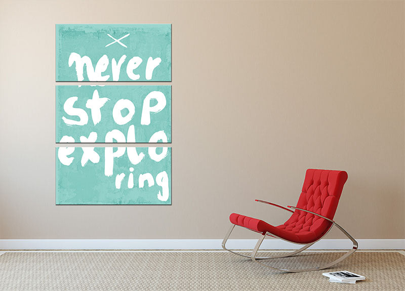A beautiful 3-panel canvas print featuring the phrase 'Never Stop Exploring', showcasing vibrant colors and artistic design, perfect for home decor.