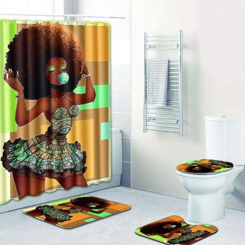 A vibrant bathroom set featuring a carpet rug and shower curtain with an African woman design, showcasing cultural beauty and elegance.