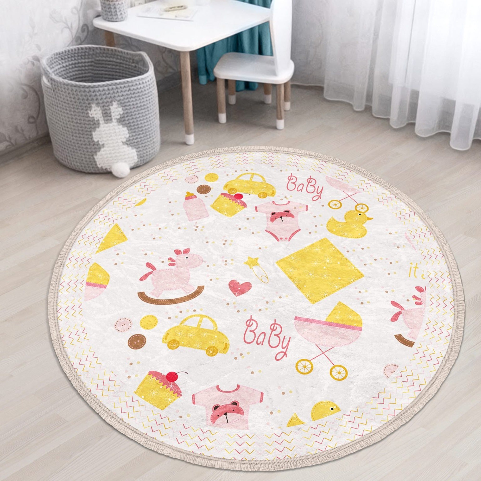 A decorative round rug for newborns, featuring shiny velvet fabric and fringes, perfect for nursery rooms.