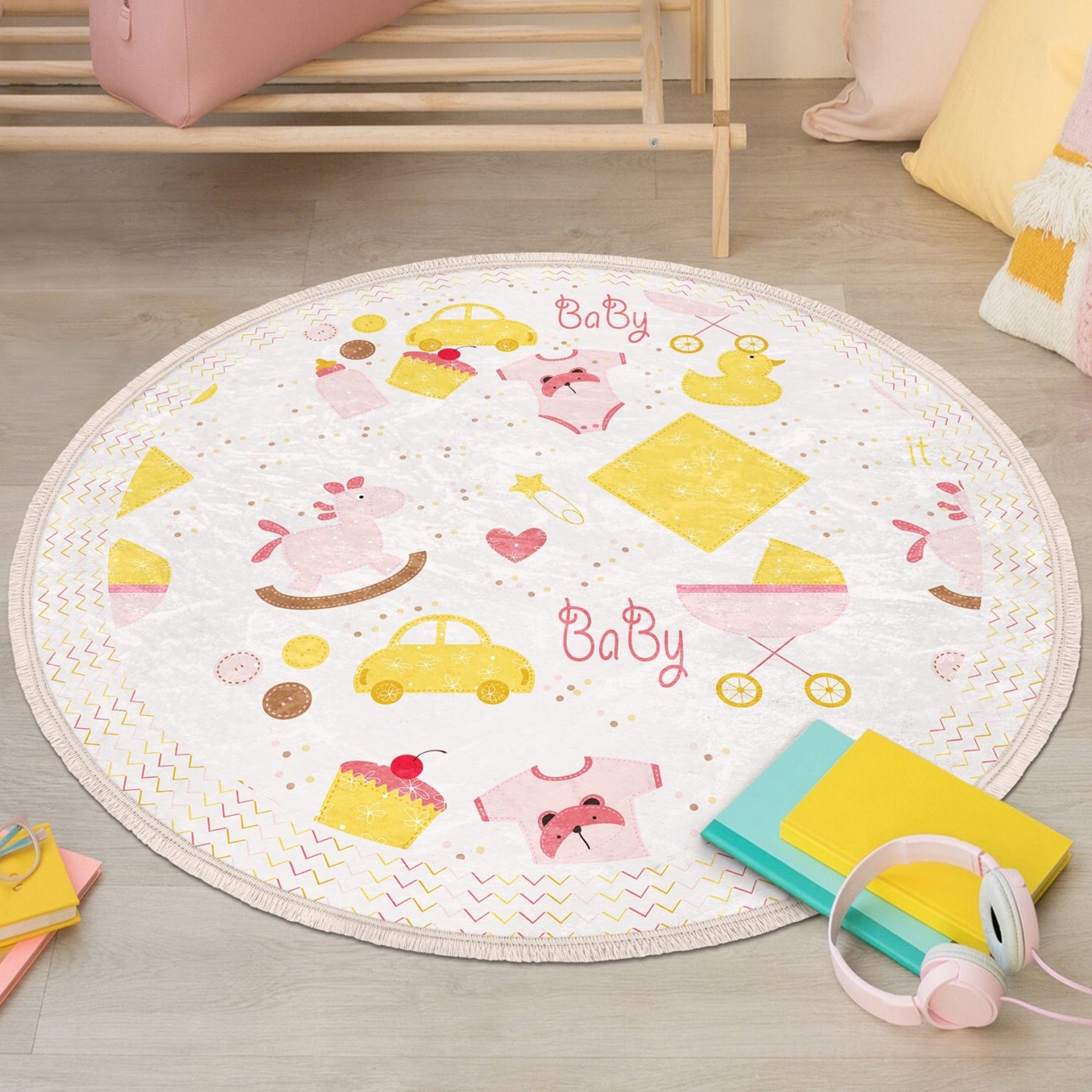 A decorative round rug for newborns, featuring shiny velvet fabric and fringes, perfect for nursery rooms.