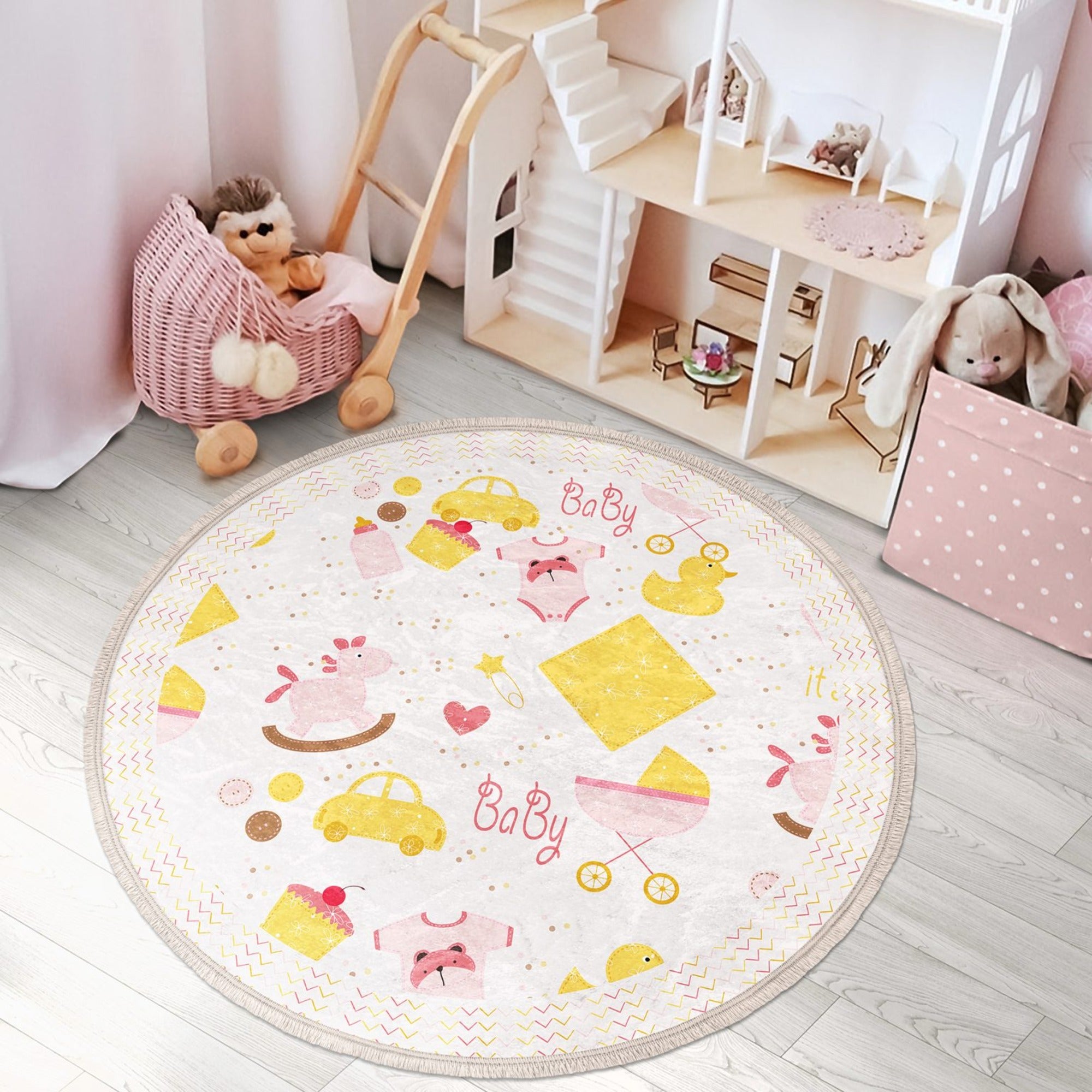A decorative round rug for newborns, featuring shiny velvet fabric and fringes, perfect for nursery rooms.