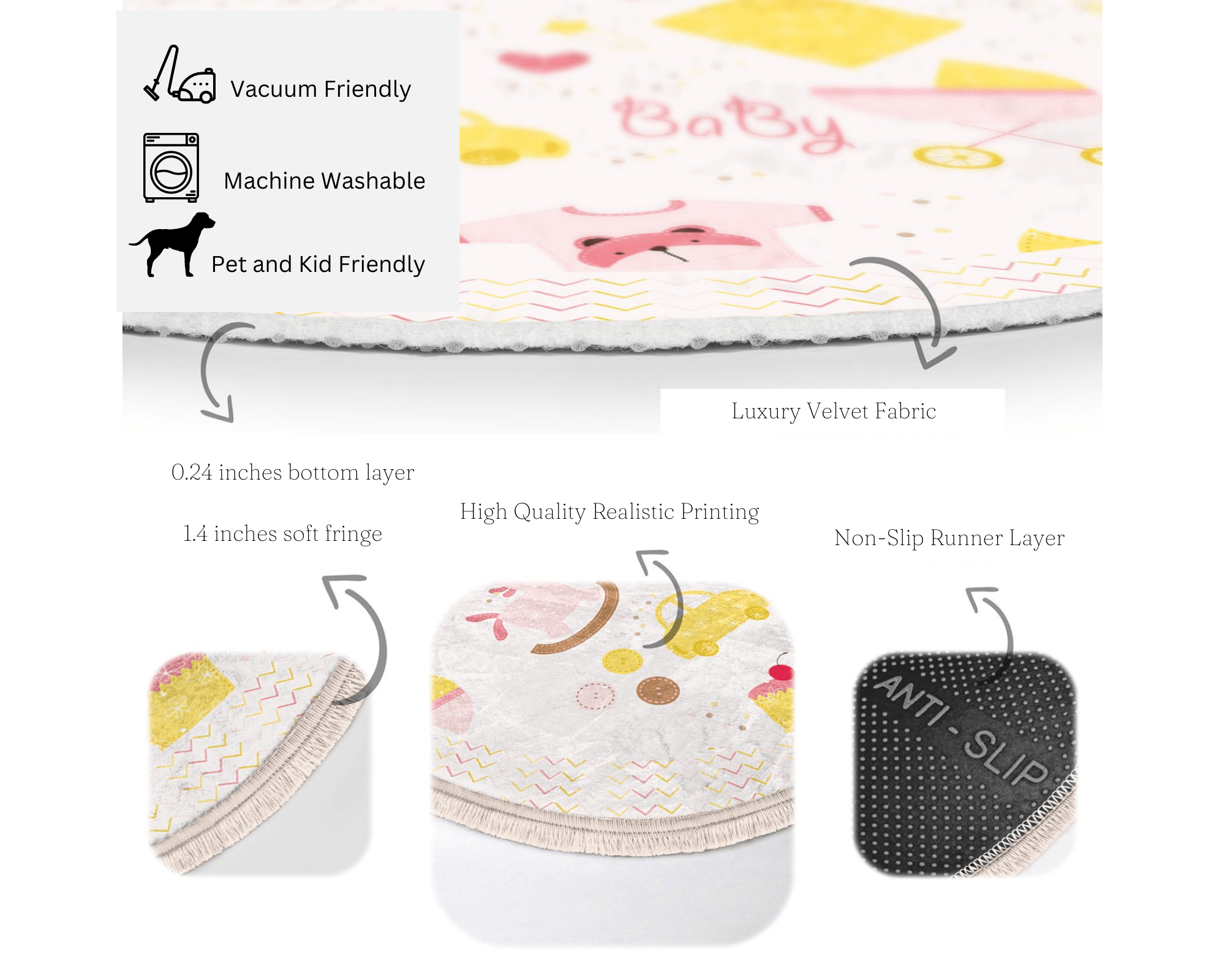 A decorative round rug for newborns, featuring shiny velvet fabric and fringes, perfect for nursery rooms.