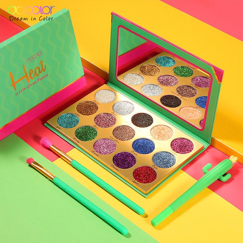 Docolor Heat Eyeshadow Palette featuring 15 vibrant colors in various finishes including matte, shimmer, and glitter.