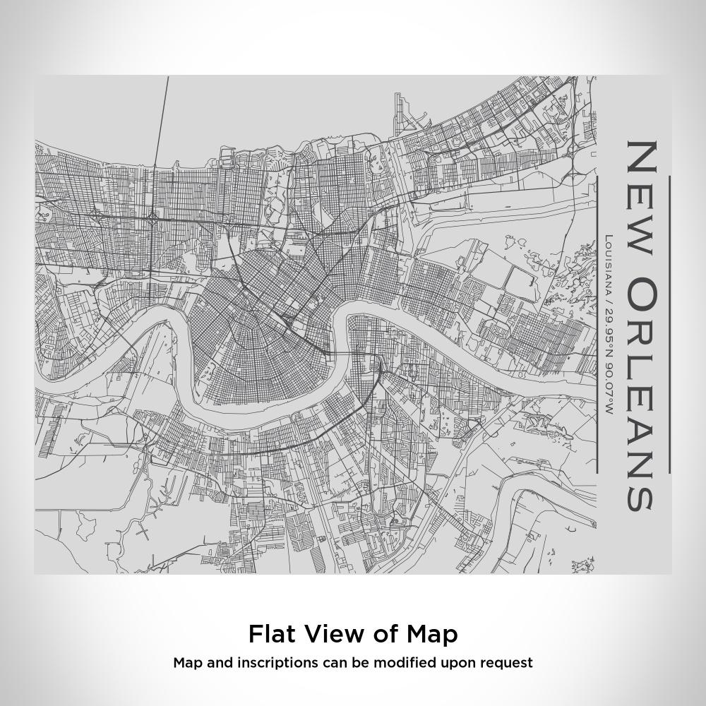 Custom engraved stainless steel bottle featuring a New Orleans map and bamboo top, showcasing its unique design and personalization options.