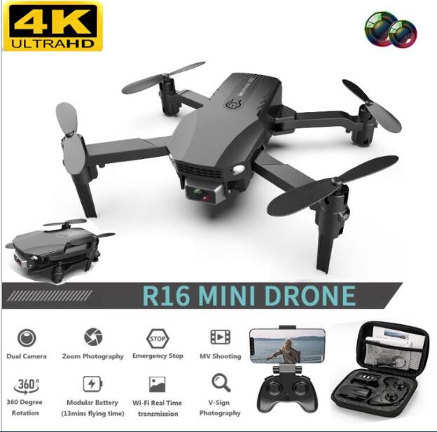 New R16 drone featuring 4K HD dual lens and compact design, perfect for aerial photography.