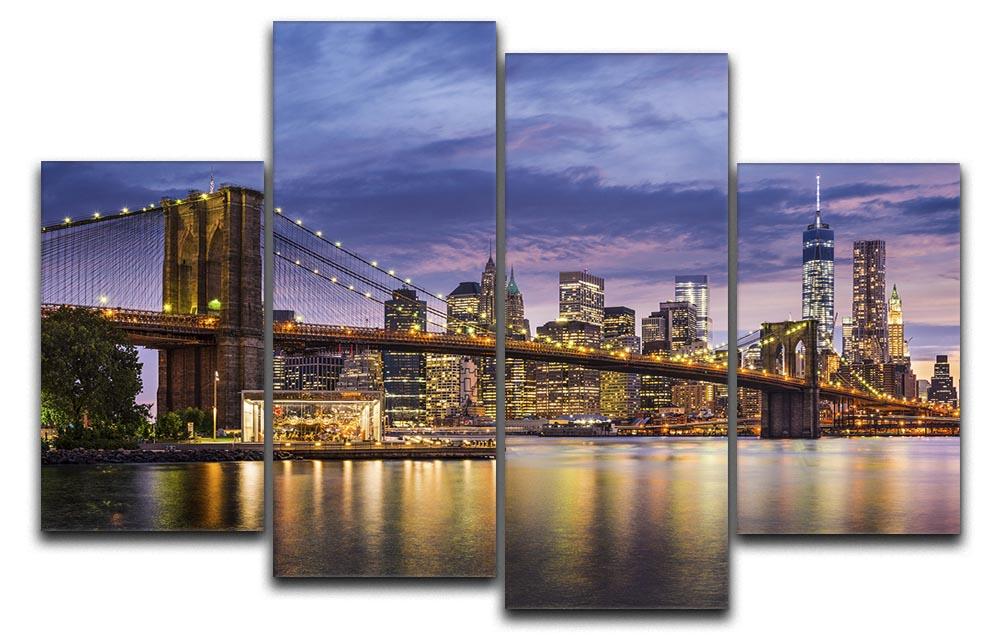 A stunning 4-split canvas artwork depicting the New York City skyline at twilight, showcasing vibrant colors and dynamic design.