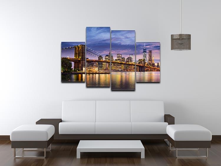 A stunning 4-split canvas artwork depicting the New York City skyline at twilight, showcasing vibrant colors and dynamic design.