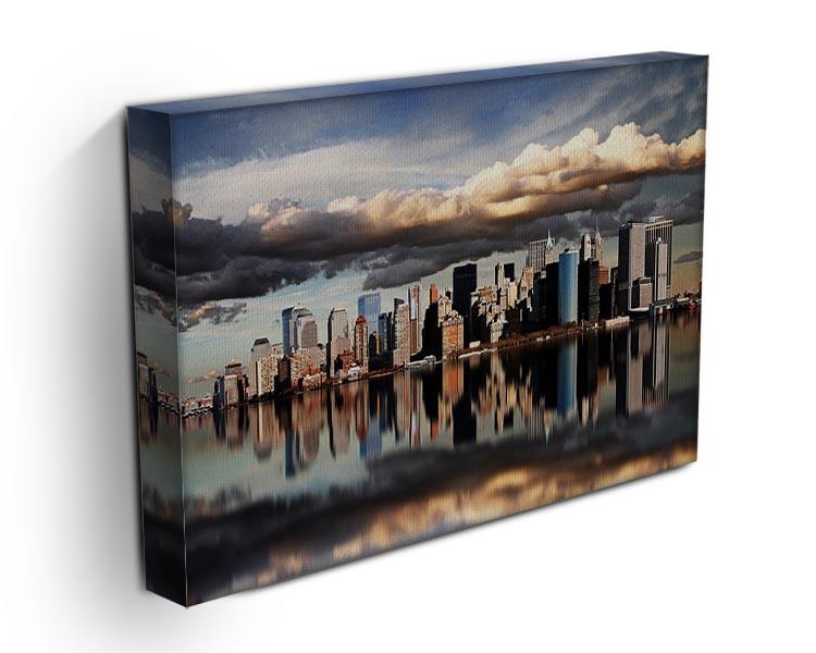 A vibrant canvas print of New York City showcasing the skyline with colorful lights and iconic buildings.