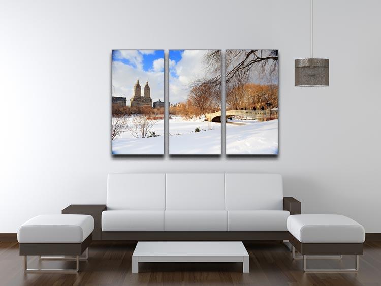 A stunning 3-panel canvas artwork depicting a winter panorama of Central Park in New York City, showcasing snow-covered trees and serene landscapes.