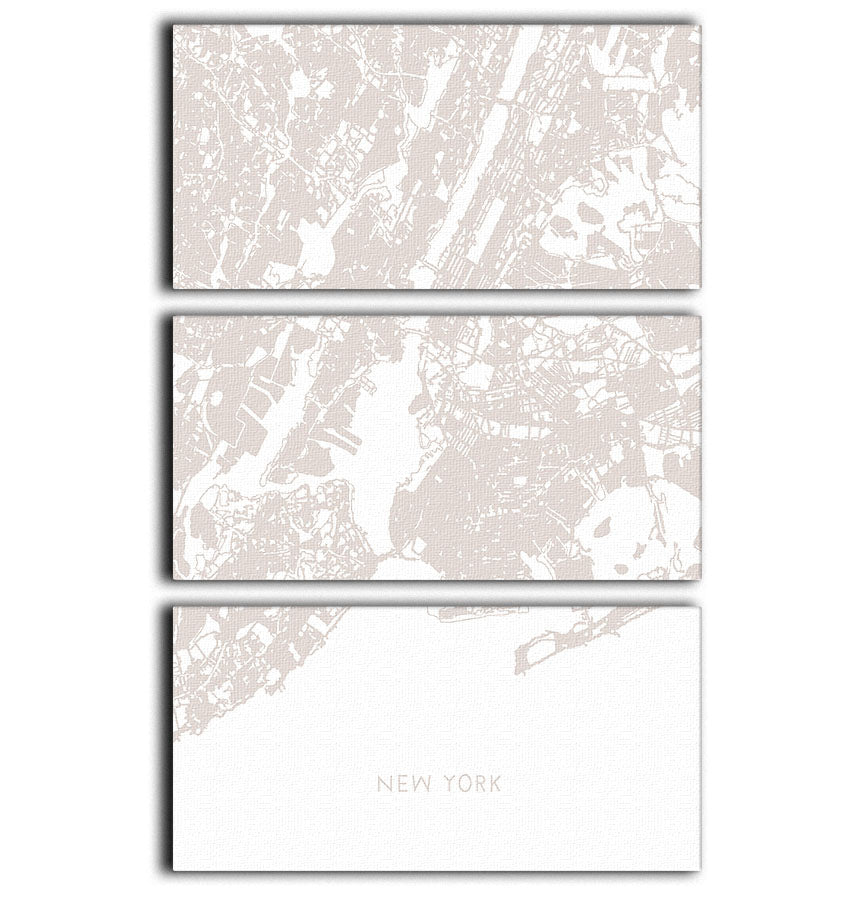 A stunning 3-panel canvas print featuring a detailed map of New York City, showcasing vibrant colors and intricate designs.