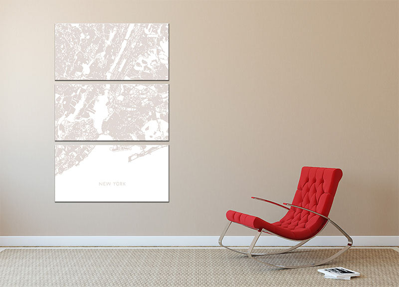 A stunning 3-panel canvas print featuring a detailed map of New York City, showcasing vibrant colors and intricate designs.