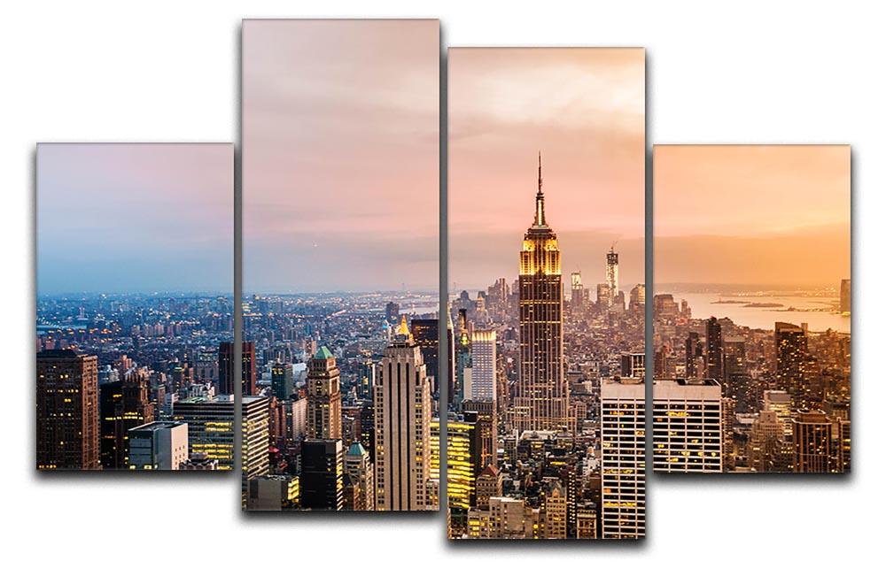 A beautiful 4 split panel canvas featuring the New York skyline at sunset, showcasing skyscrapers in vibrant colors.