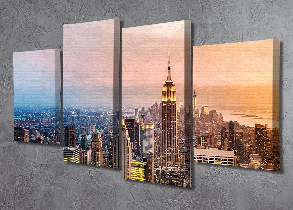 A beautiful 4 split panel canvas featuring the New York skyline at sunset, showcasing skyscrapers in vibrant colors.