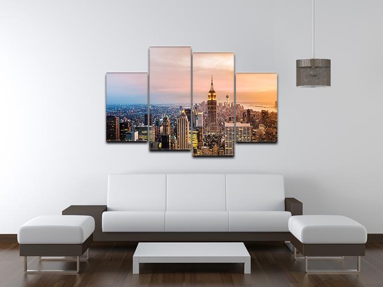 A beautiful 4 split panel canvas featuring the New York skyline at sunset, showcasing skyscrapers in vibrant colors.